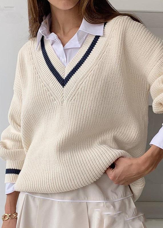 Casual Stitching Contrast Color Slim Loose Women's Sweater - VibeSoothe