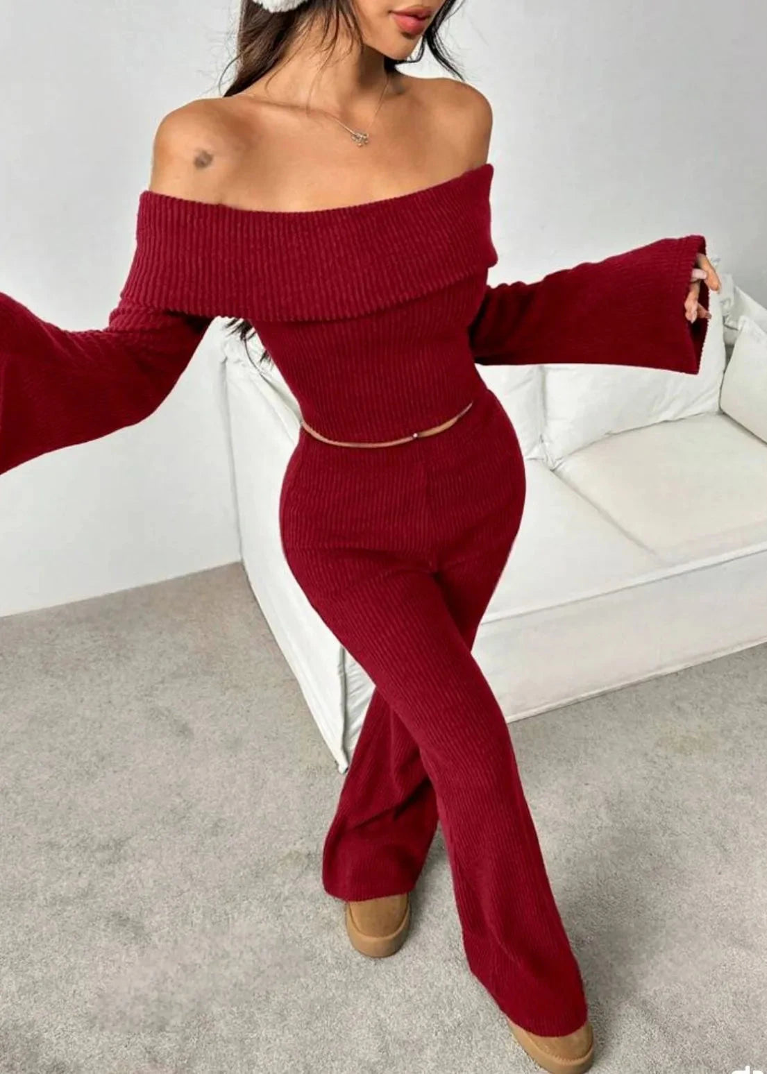 Burgundy Off-the-Shoulder Ribbed Knit Set