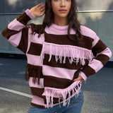 Contrast Color Tassel Sweater Sweater Striped - VibeSoothe