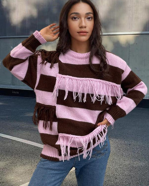 Contrast Color Tassel Sweater Sweater Striped - VibeSoothe