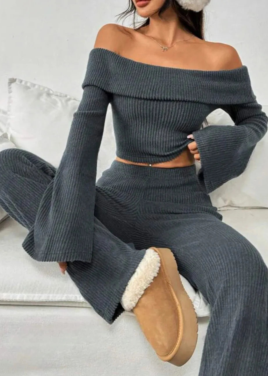 Burgundy Off-the-Shoulder Ribbed Knit Set