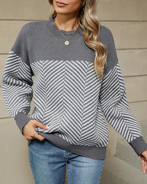 Women's Casual Striped Knit Sweater - Long Sleeve Relaxed Fit