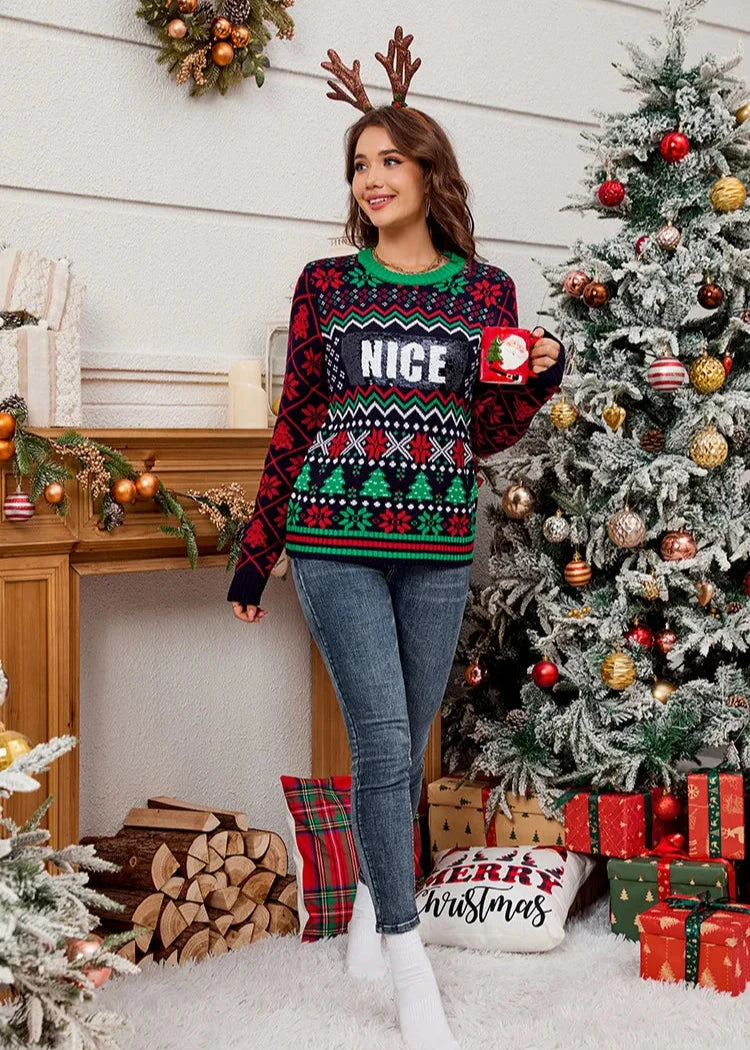 Festive Glow Sequined Christmas Sweater - Jacquard Embroidery