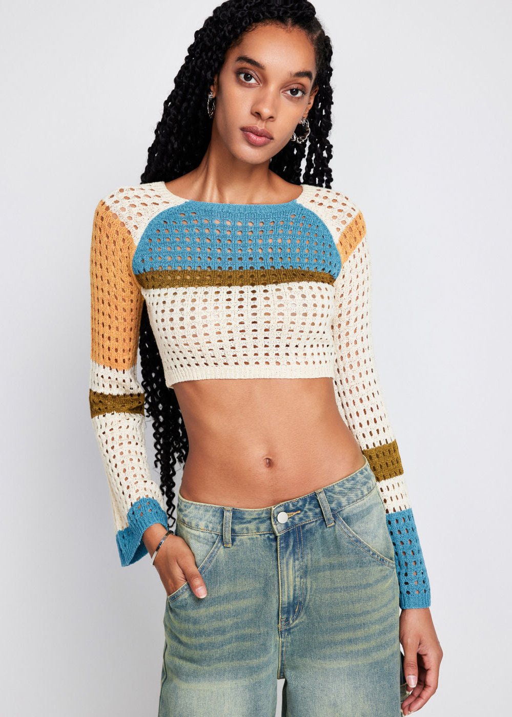 Contrasting Color Stitching Long -sleeved Hollow Sweater - VibeSoothe