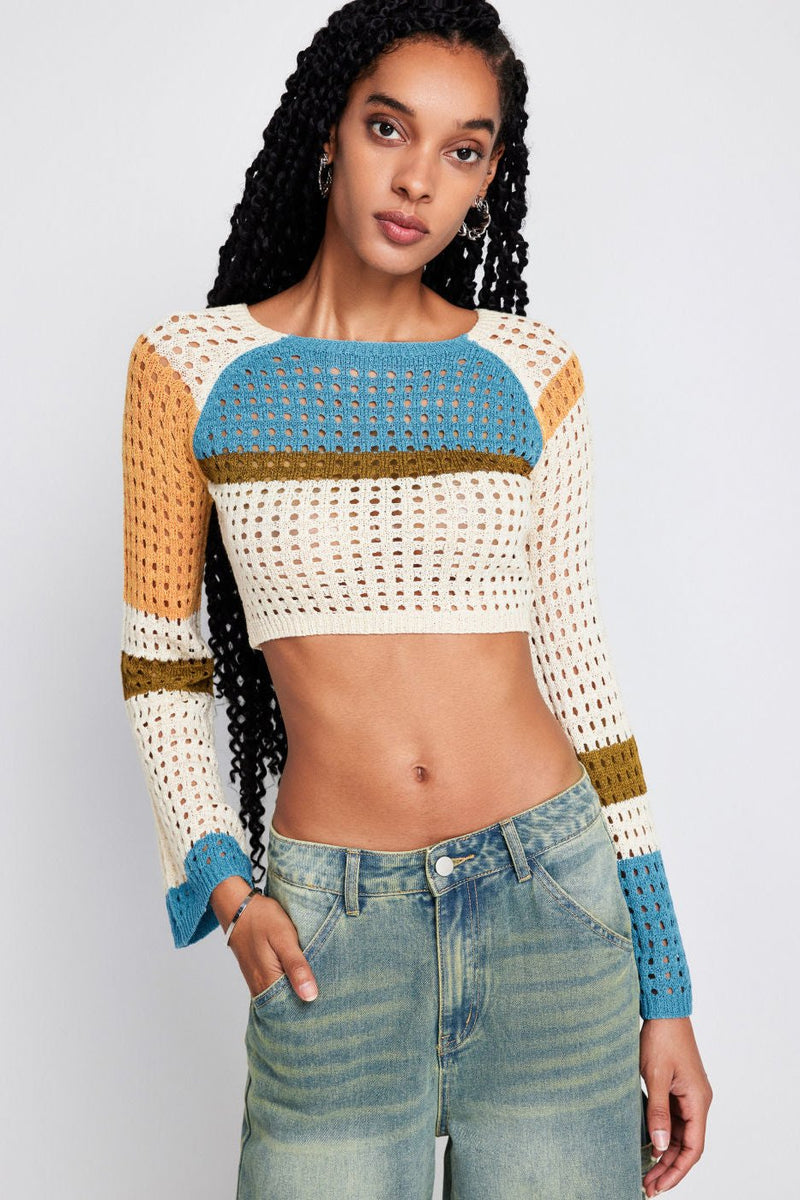 Contrasting Color Stitching Long -sleeved Hollow Sweater - VibeSoothe