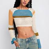 Contrasting Color Stitching Long -sleeved Hollow Sweater - VibeSoothe