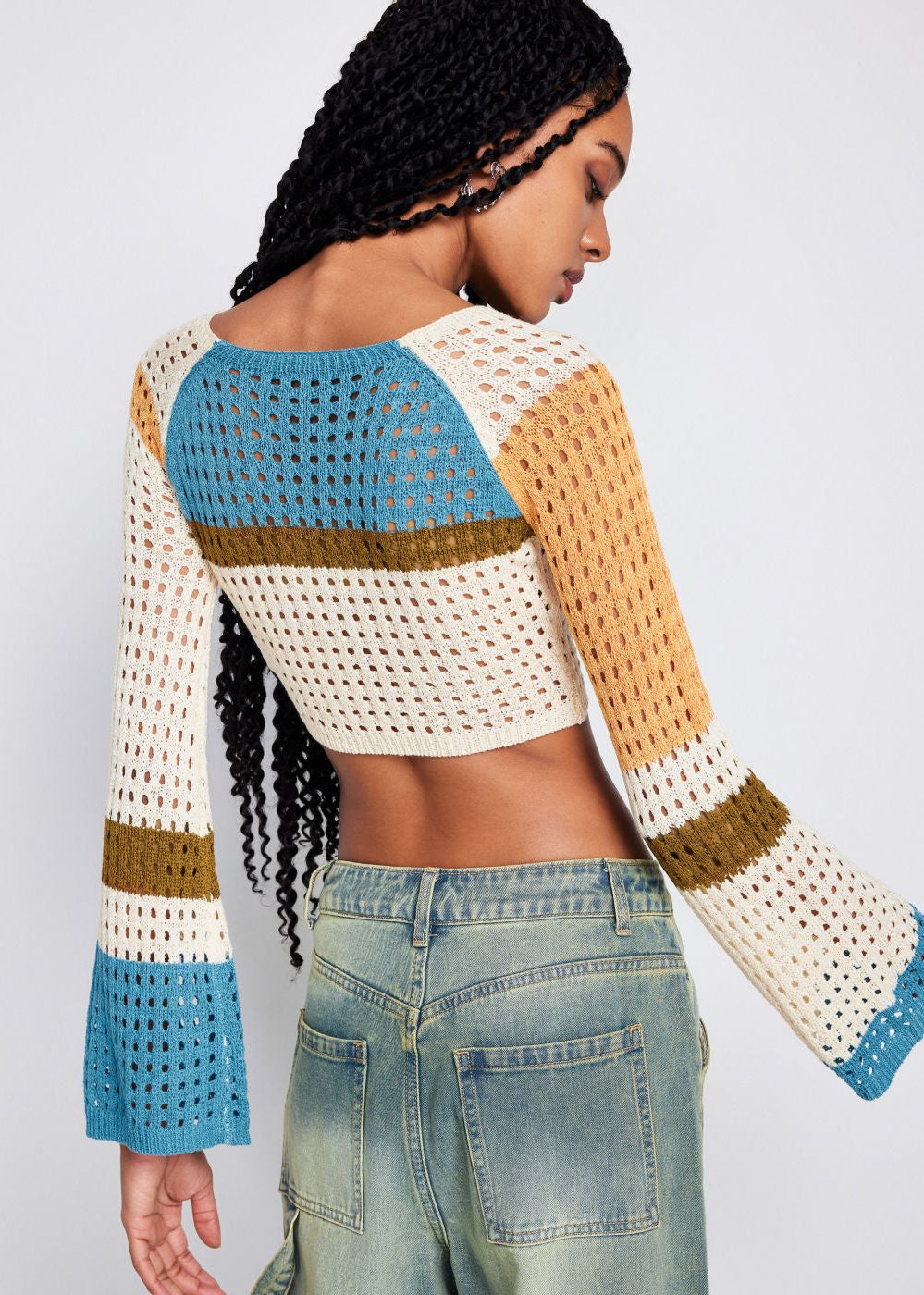 Contrasting Color Stitching Long -sleeved Hollow Sweater - VibeSoothe