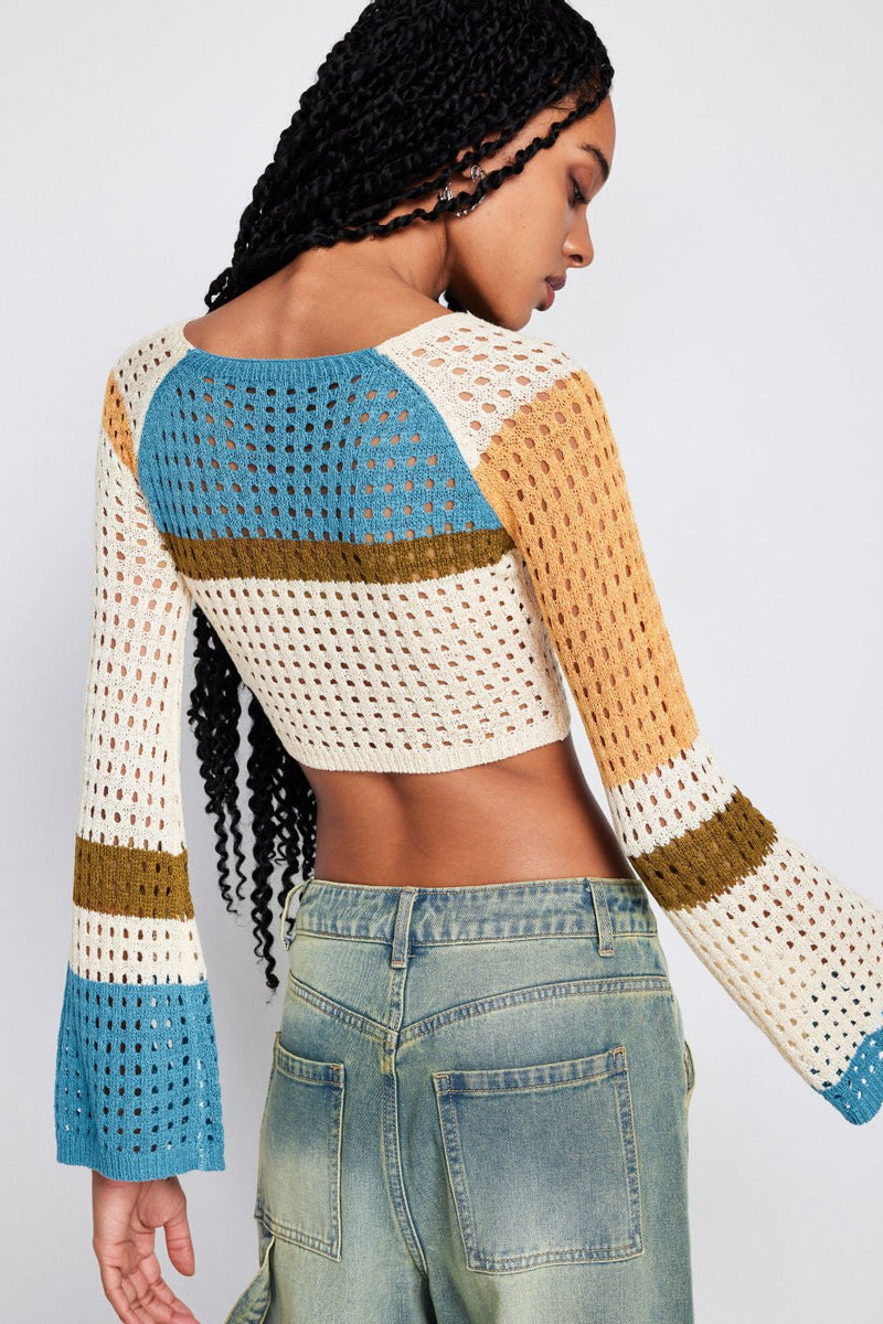 Contrasting Color Stitching Long -sleeved Hollow Sweater - VibeSoothe