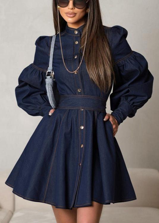 Chic Denim Lantern Sleeve Dress