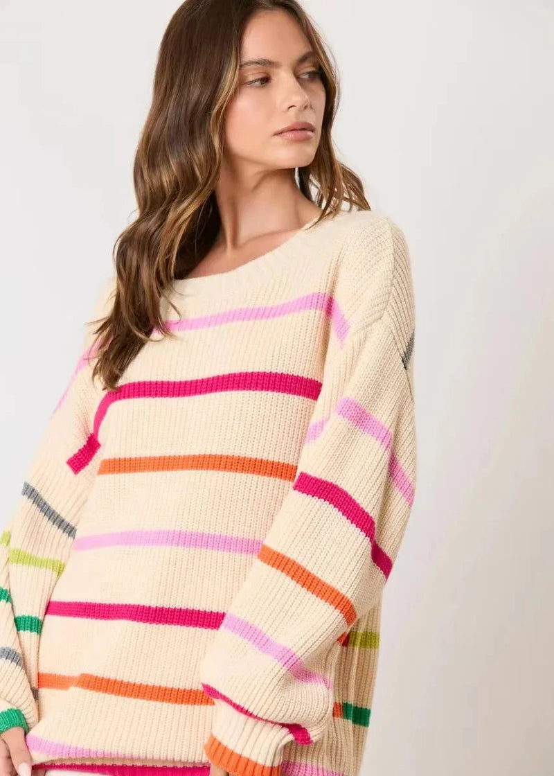 Colorful Striped Knit Sweater - Round Neck Long Sleeve