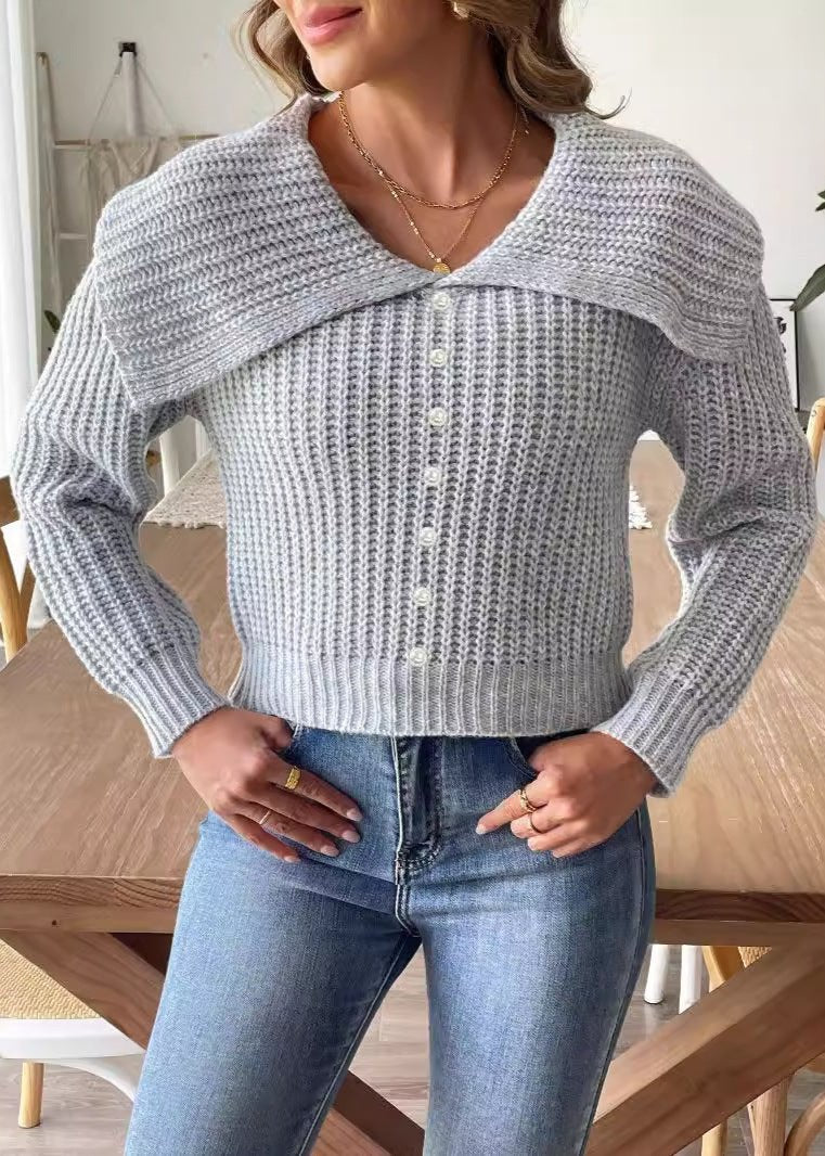 Women's Short Beaded Lapel Sweater - Chic & Stylish