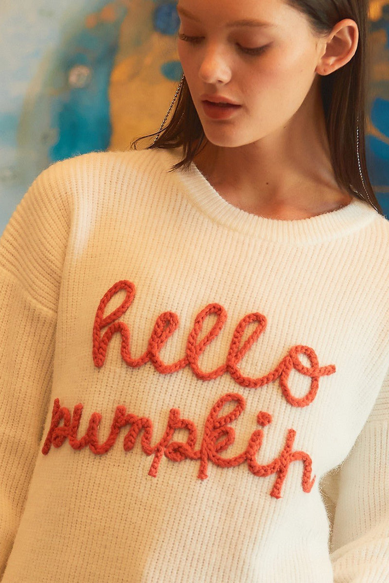 "Hello Pumpkin" Halloween Contrast Pullover Sweater