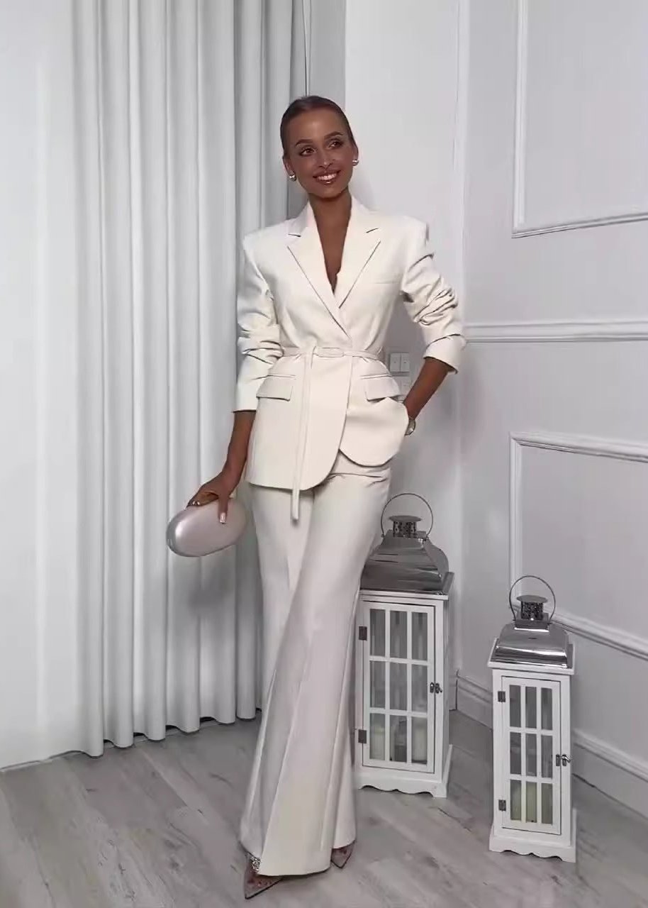 Elegant Belted Blazer & Trouser Business Suit Set - Ivory