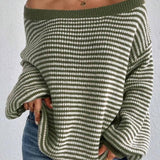 Women's Off-neck Shoulder-baring Sweater Contrast Color - VibeSoothe