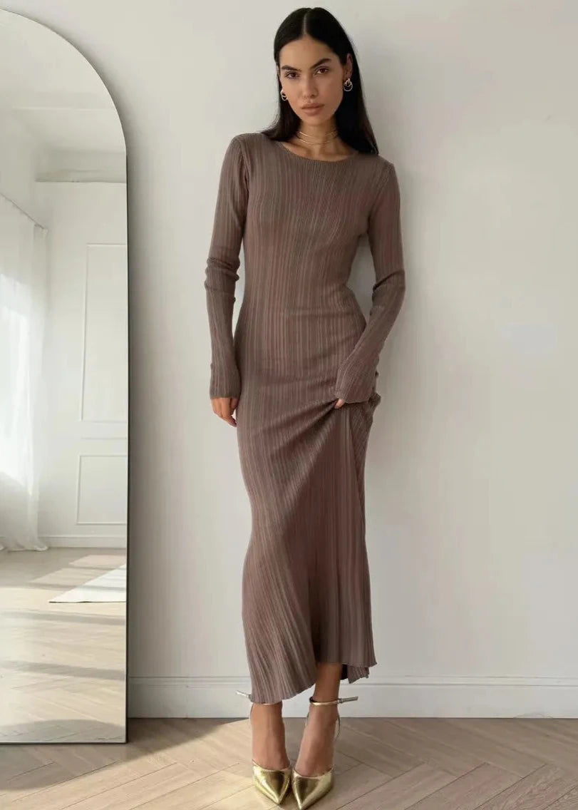 Elegant Ribbed Knit Long Sleeve Dress