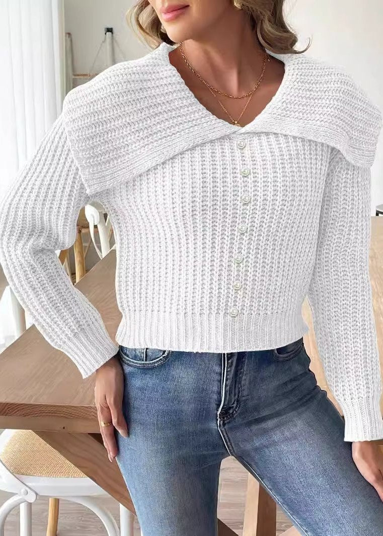 Women's Short Beaded Lapel Sweater - Chic & Stylish