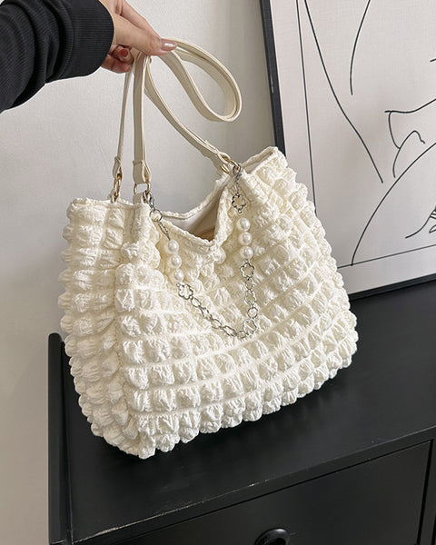 Pleated-Pearl-Chain Tote-Bag