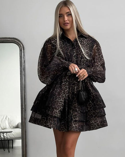 Chiffon Leopard Print Long Sleeve Dress