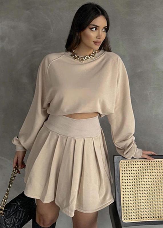 Effortless Charm - Gray Long Sleeve Sweater & Pleated Skirt Set