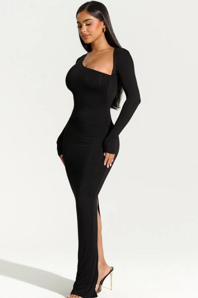 Eclipse Elegance - One-Shoulder Slim-Fit Maxi Dress - VibeSoothe