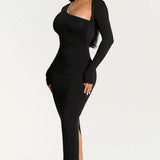 Eclipse Elegance - One-Shoulder Slim-Fit Maxi Dress - VibeSoothe