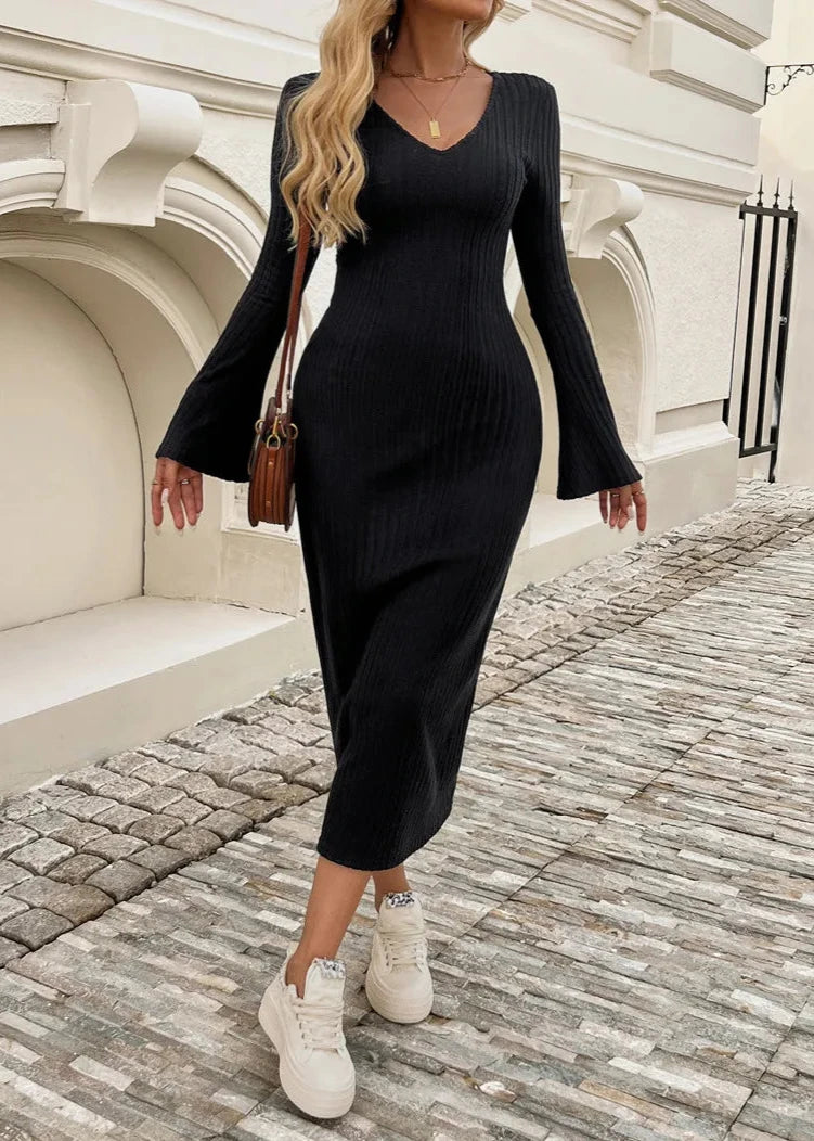 Timeless Ribbed Knit V-Neck Dress