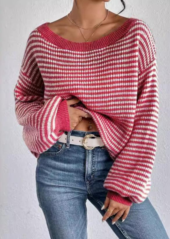 Women's Off-neck Shoulder-baring Sweater Contrast Color - VibeSoothe