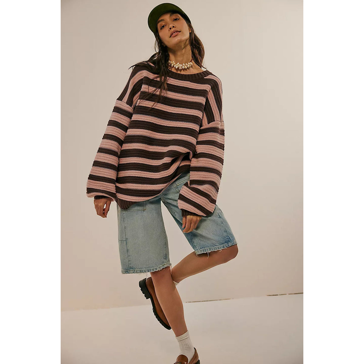 Printed Striped Long Sleeve Pullover Crew Neck Sweater