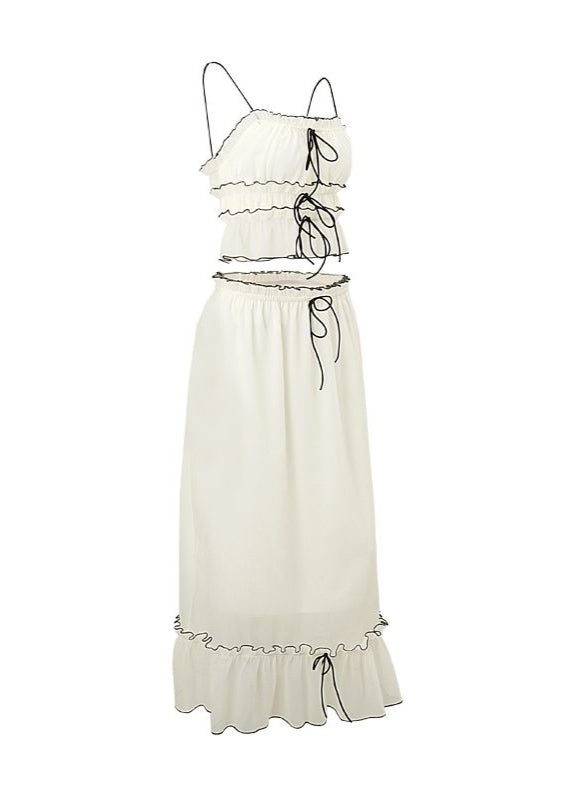 Conjunto Isla Bow-Tie con Volantes – Conjunto de Dos Piezas Falda Larga y Top Corto