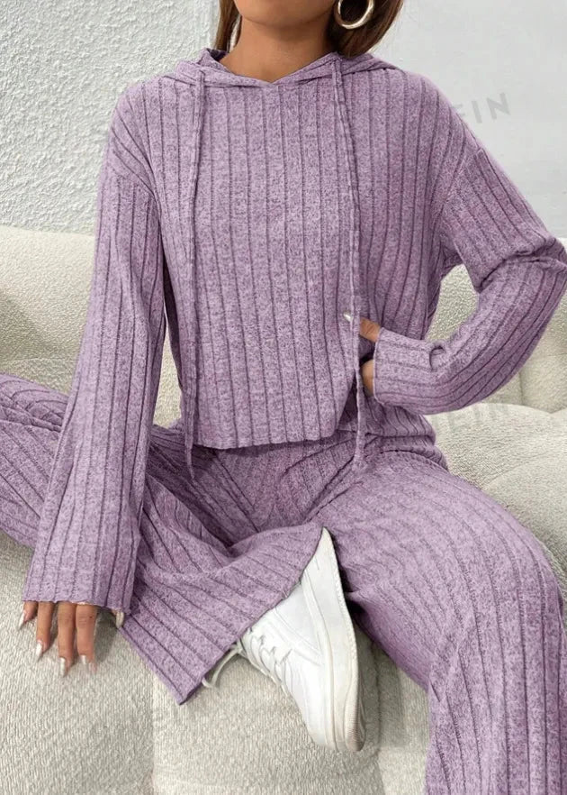 Striped Knit Long Hoodie and Pants Set