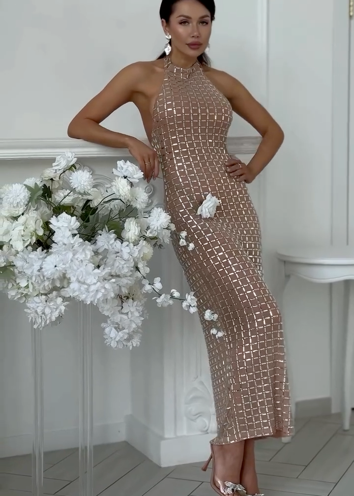 Lumière Grid Sequin Halter Maxi Dress