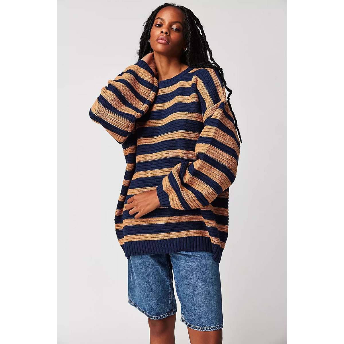 Printed Striped Long Sleeve Pullover Crew Neck Sweater