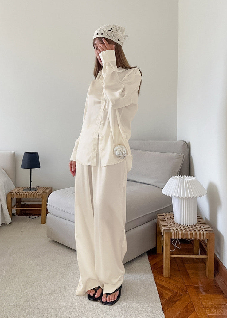 Ivory Drift Satin Relaxed Shirt & Pants Set
