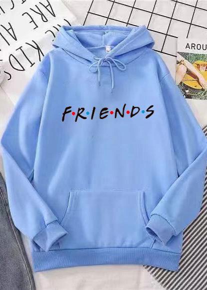 Women's Letter Friend Print Long Sleeve Hooded Sweatshirt - VibeSoothe