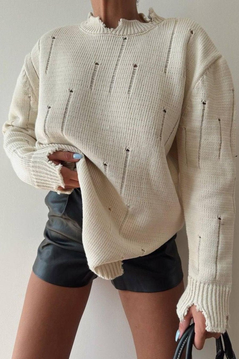 Women's Hand Frayed Round Neck Sweater - VibeSoothe