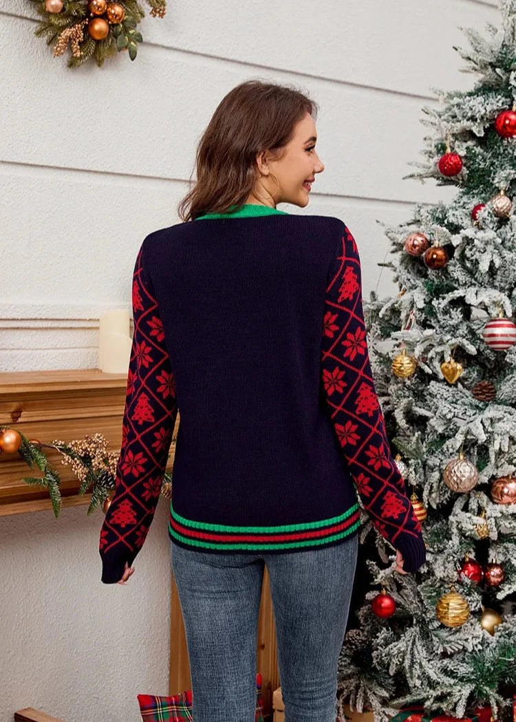 Festive Glow Sequined Christmas Sweater - Jacquard Embroidery