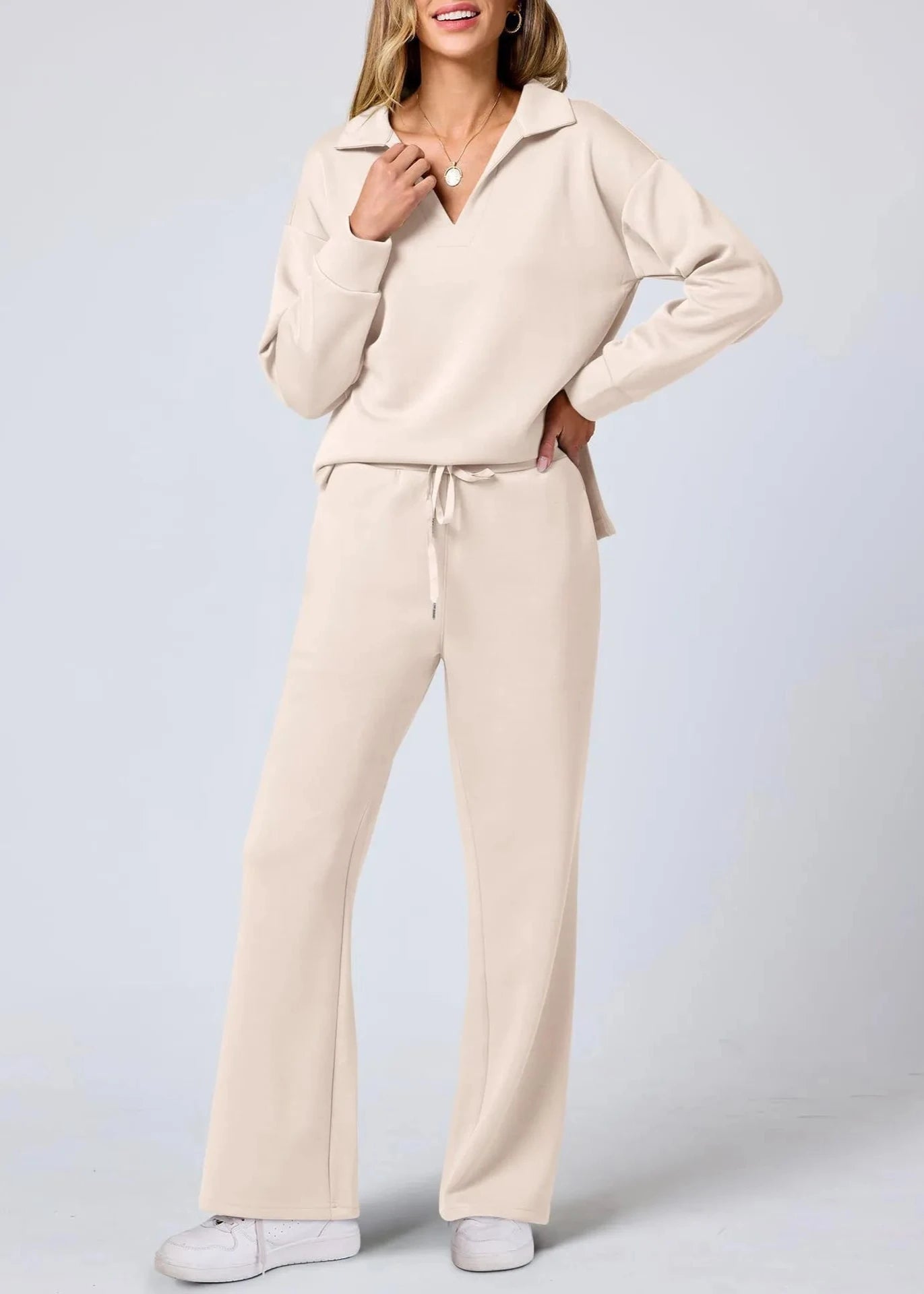 Ontspannen Kraag Pullover & Wijde Pantalon Set