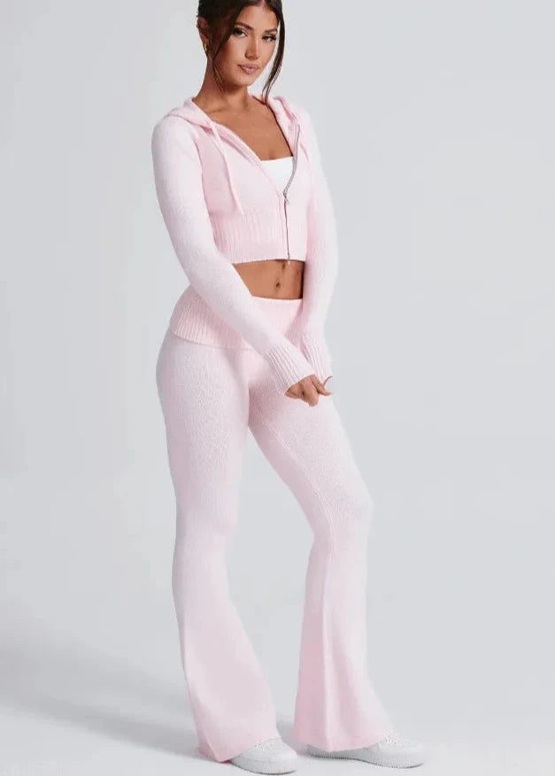 Ensemble Sweat à Capuche Ajusté et Pantalons Évasés Bliss Knit