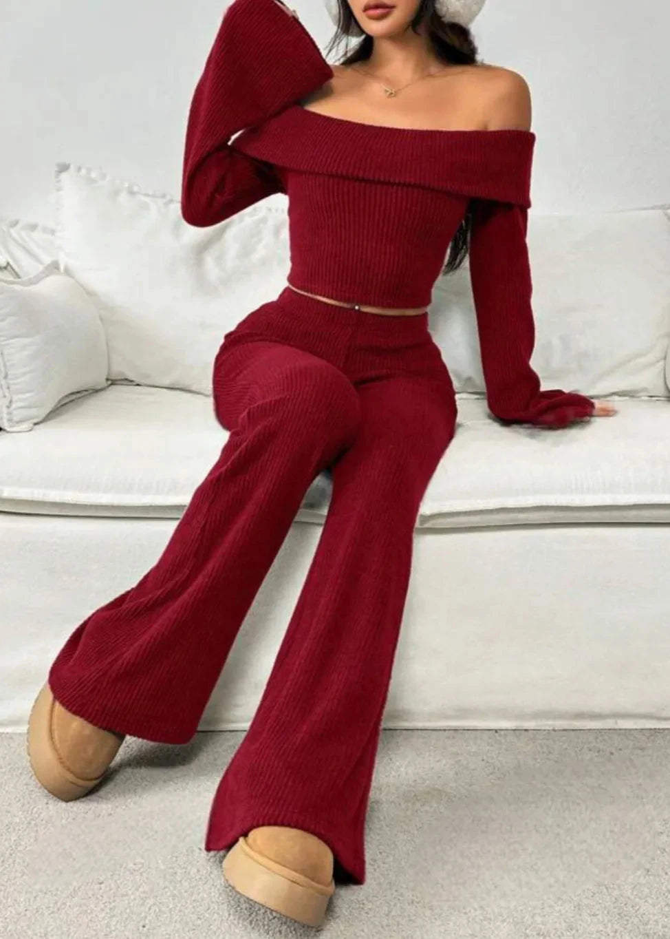 Burgundy Off-the-Shoulder Ribbed Knit Set