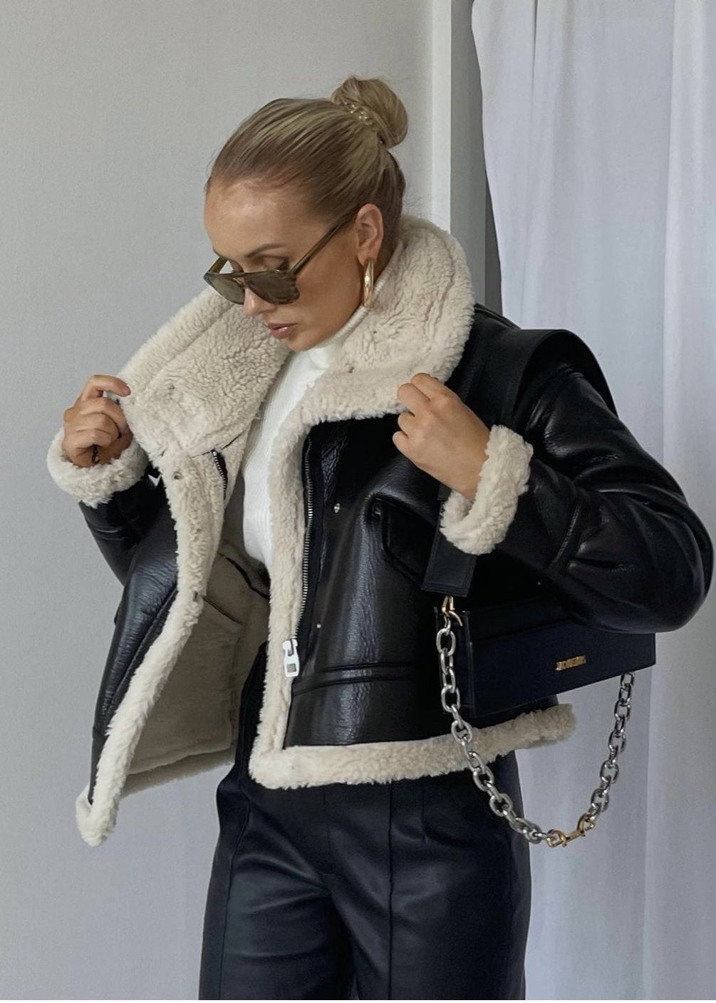 Faux Leather Shearling-Lined Jacket - Edgy Style Meets Cozy Comfort