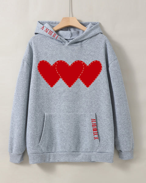 Women's Brushed Hoody Heart Shape Printed Drawstring Hoodie - VibeSoothe