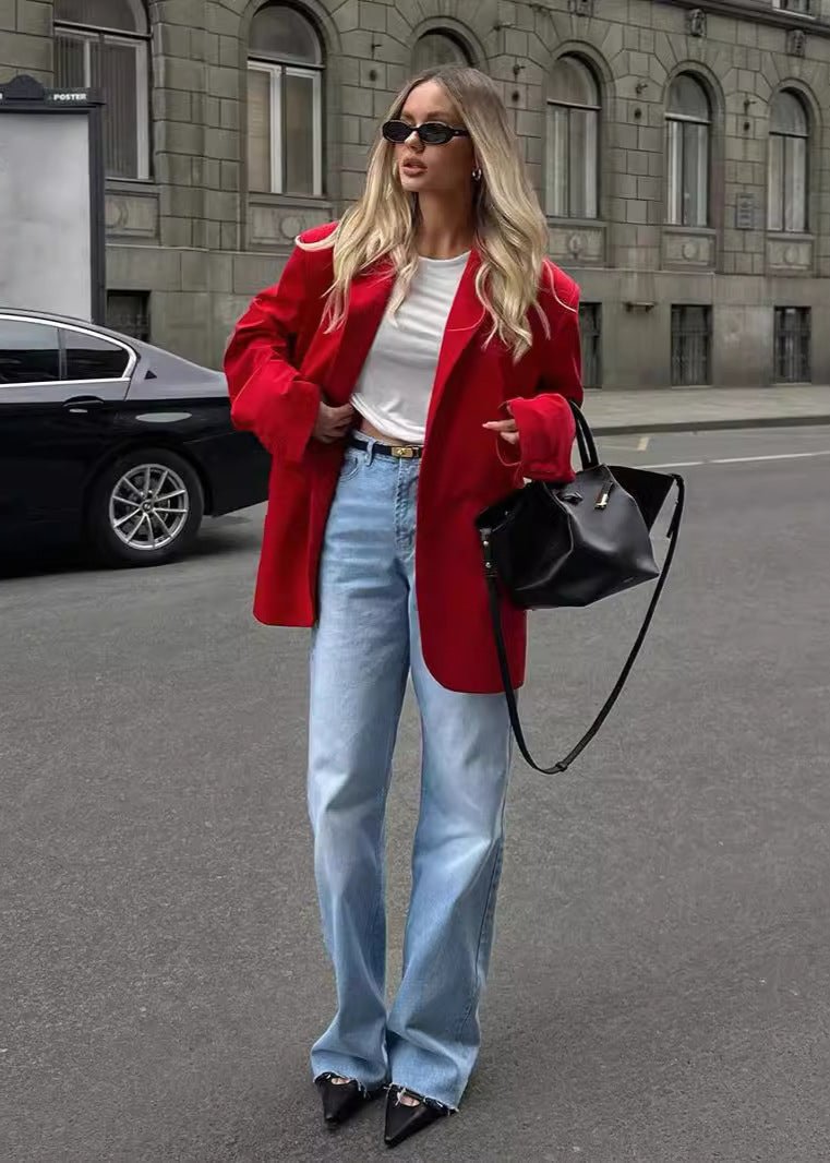 Bold Feminine Red Shoulder Pad Blazer with Pockets