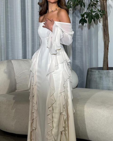 Celestial Grace - Off-Shoulder Ruffled Maxi Dress - VibeSoothe