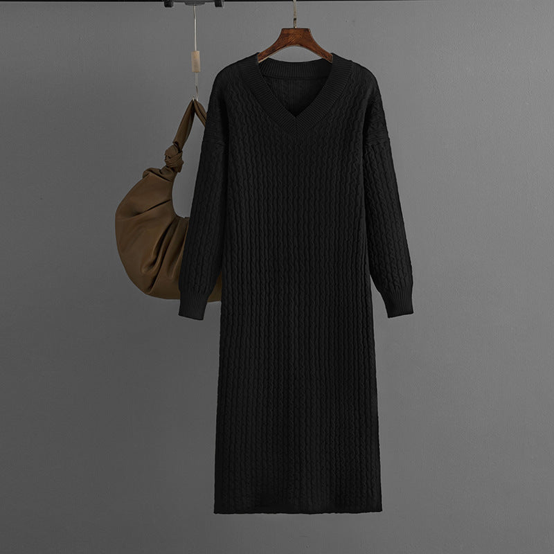 Knitting Dress V-neck Twist Bottoming Sweater Skirt Slit In The Back