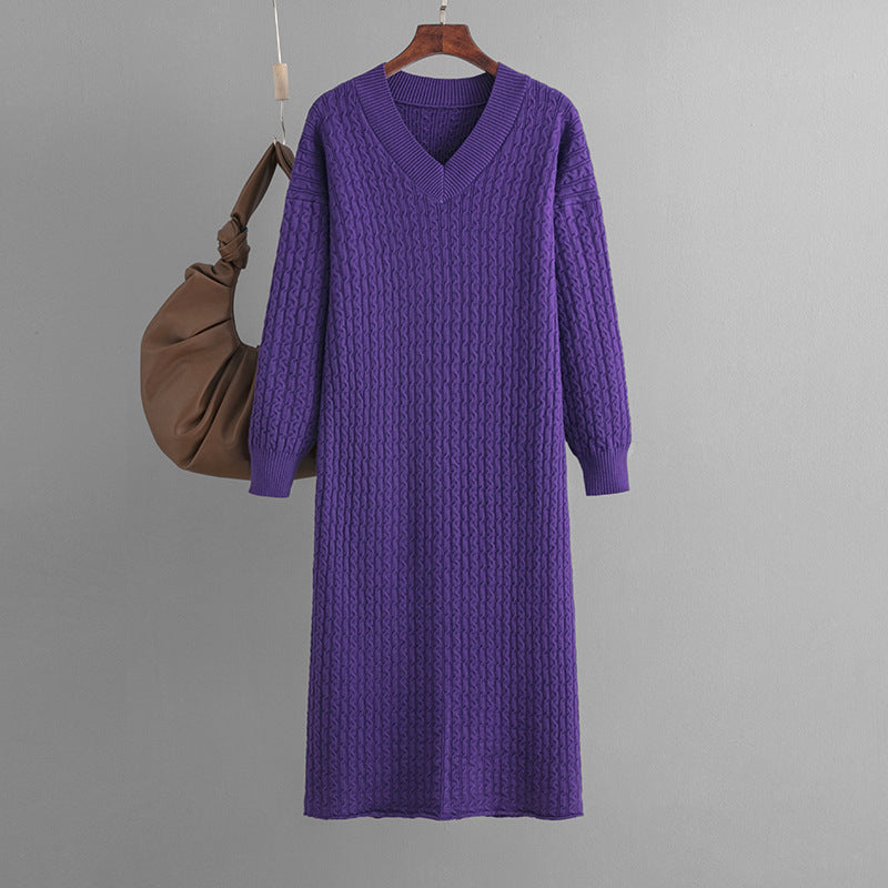 Knitting Dress V-neck Twist Bottoming Sweater Skirt Slit In The Back