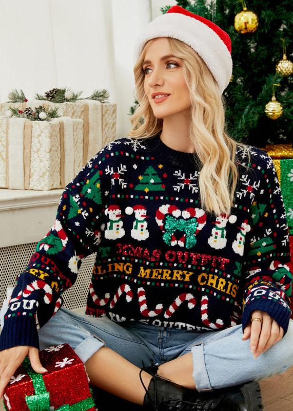 Christmas Tree Round Neck Ice Man Sequined Sweater - VibeSoothe