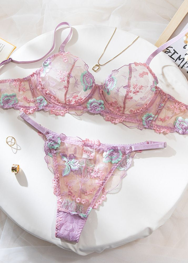Blush Petal Embroidered Sheer Lingerie Set