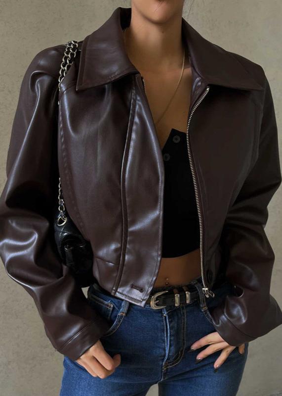 Veste en cuir PU zippée rétro chic – Style décontracté américain