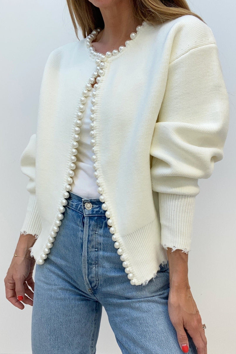 Pearl Trim Luxe Frayed Cardigan