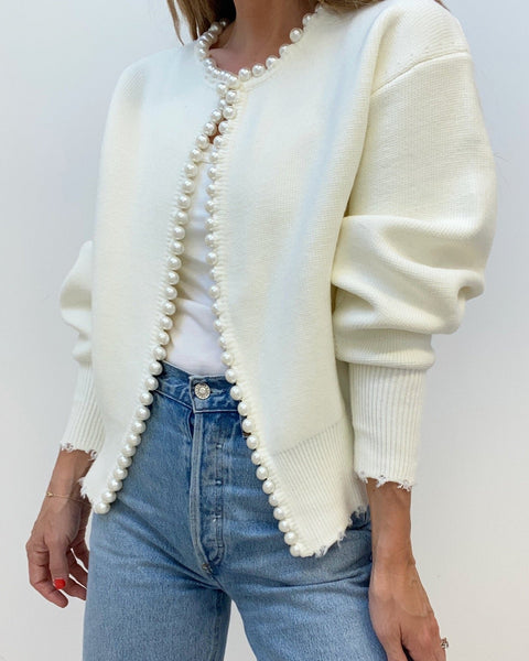 Pearl Trim Luxe Frayed Cardigan